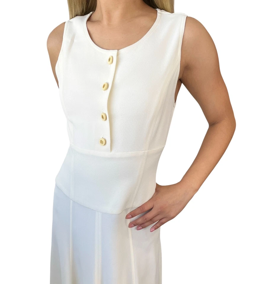 CHANEL Vintage 94P CC Logo Sleeveless Dress #36 Button Zip Cream Gold Wool - Image 2 of 4