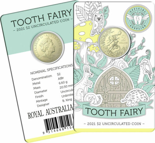 2021 TOOTH FAIRY YELLOW $2 UNCIRCULATED COIN IN CARD ROYAL AUSTRALIAN MINT RAM