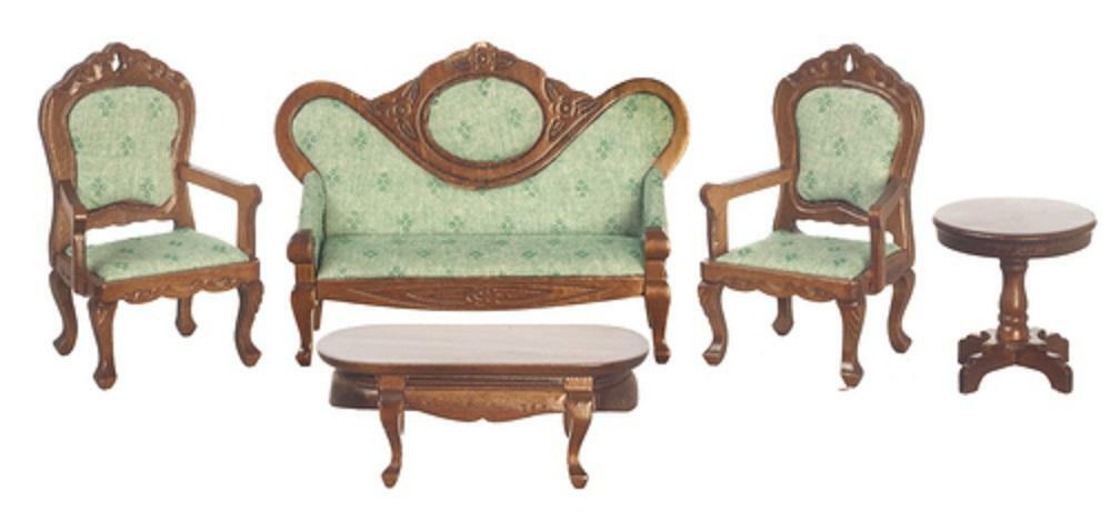 Melody Jane Dolls House Victorian Living Room Furniture Set Walnut & Grün Melody Jane Dolls House Victorian Living Room Furniture Set Walnut & Grün