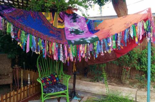 Sari en soie vintage indien multicolore patchwork hippie tente boho glamping décor - Photo 1 sur 5