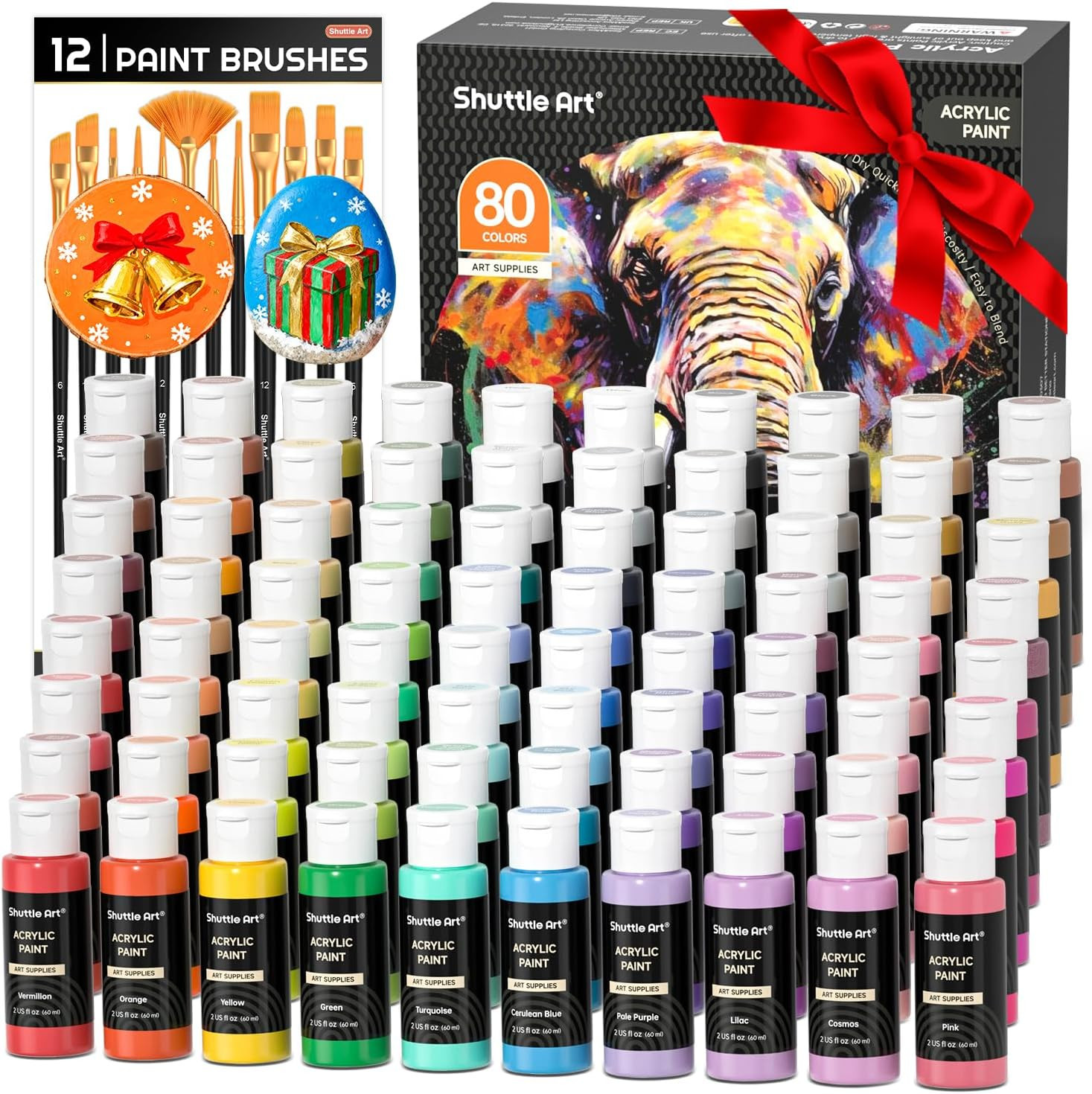 80 Colors Acrylic Paint, Acrylic Paint Set with 12 Paint Brushes, 2Oz/60Ml Bottl