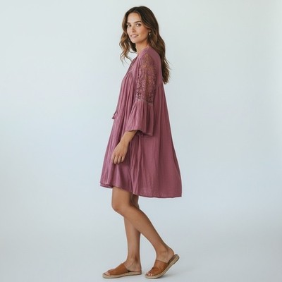 She + Sky Mauve Crochet Lace Bell Sleeve Boho Babydoll Dress SL3721 Mens M