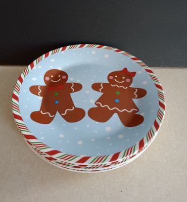 Royal Norfolk Christmas Gingerbread Lunch Plates Set 4 Candy Cane Rim Holiday