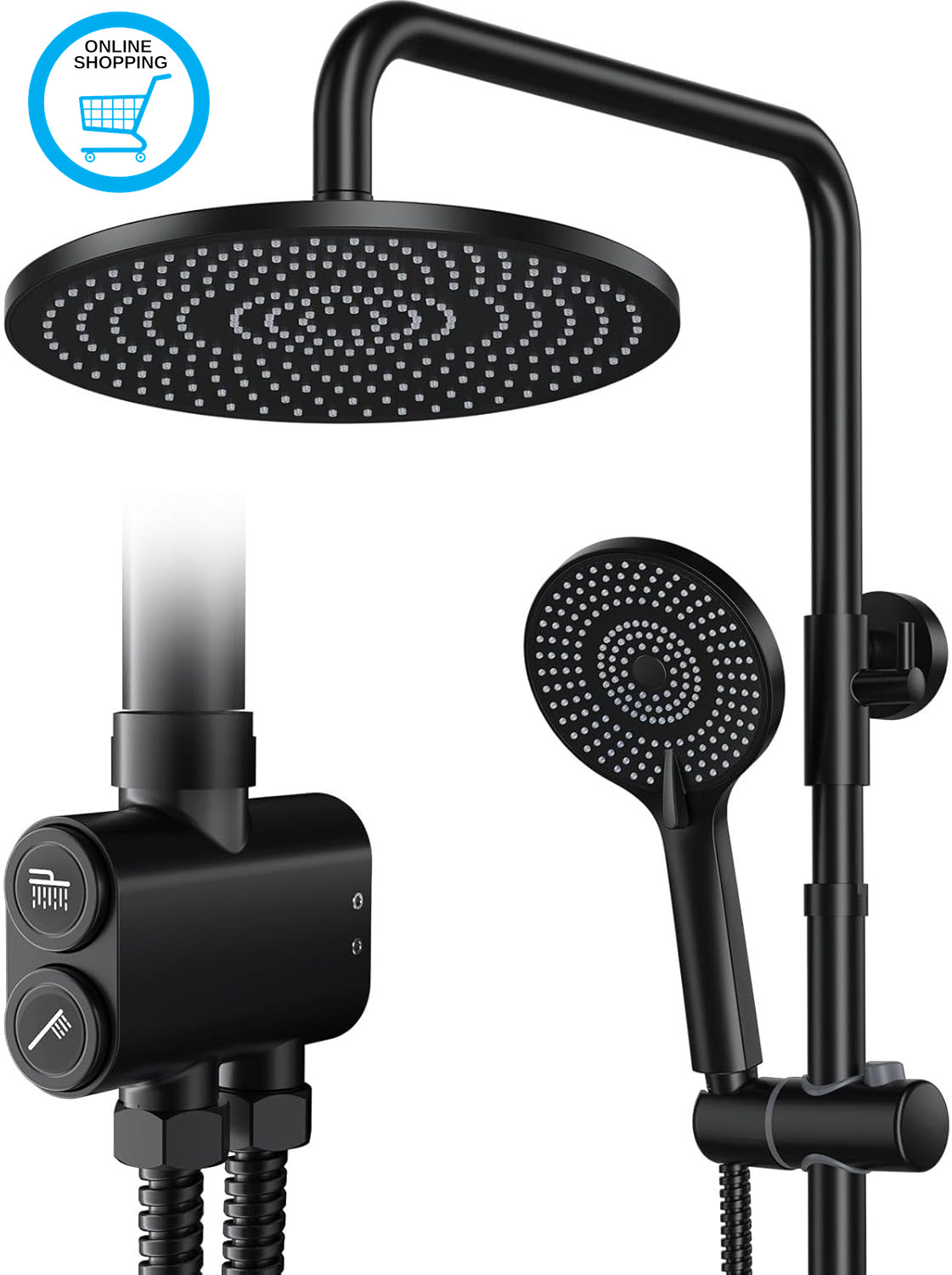 Shower Riser Rail Kit Matte Black, 10"" round Rainfall Overhead, 3 Jet Types Hand