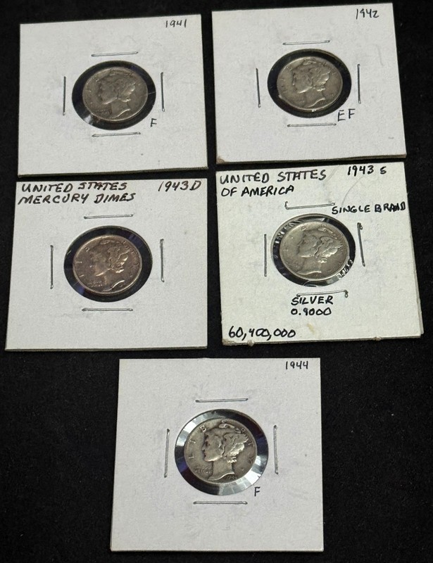 Lot of 5 Mercury Silver Dimes 1941-1944 P D S 90% Silver Wartime Coin Collection