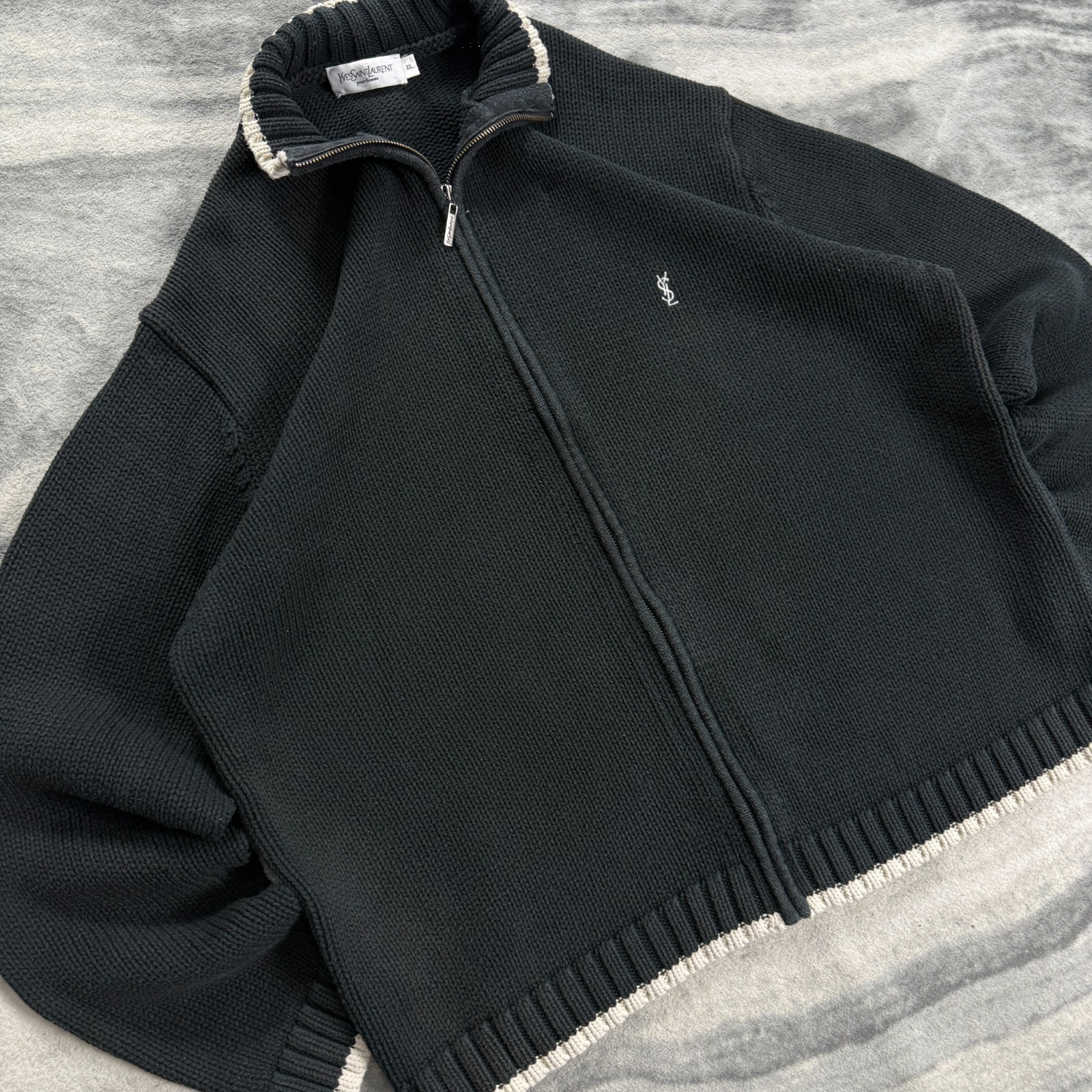 Maglione cardigan vintage Yves Saint Laurent YSL anni 90 nero zip XXL pesante full zip