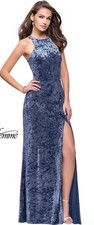 LA FEMME PROM 25734 Crushed Blue Velvet Strappy Back Maxi Dress Gown Sz 0
