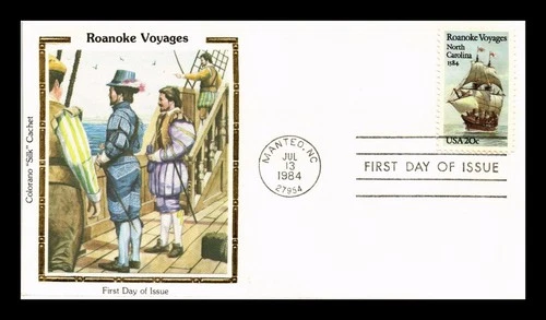 US COVER FIRST DAY OF ISSUE COLORANO SILK ROANOKE VOYAGES 1584 TO 1984
