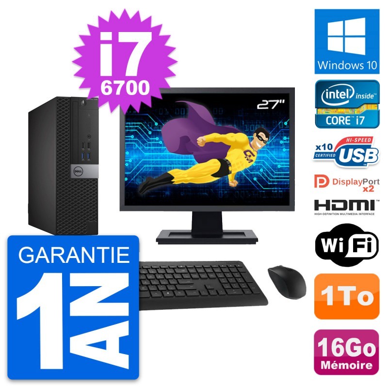 PC Dell 7040 SFF Ecran 27" i7-6700 RAM 16Go Disque 1To HDMI Windows 10 Wifi