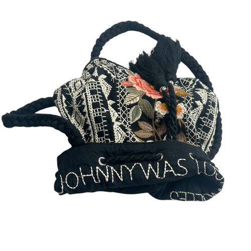 Johnny Was Los Angeles schwarz Leinen bestickt Blumen Kordelzug Eimer Handtasche - Bild 8 von 21