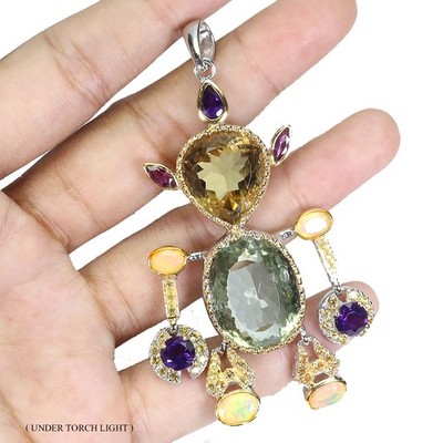 925 Sterling Silver Pendant Oval Green Amethyst 48ct Robot Handmade Gemstone