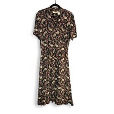 VIntage 90s Midi Dress Women's Size 10 Petite Black Floral Button Front Retro