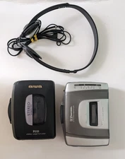 Vtg Portable Cassette Player Lot AIWA PS131 Emerson EW96B Radio Headphones FLAW