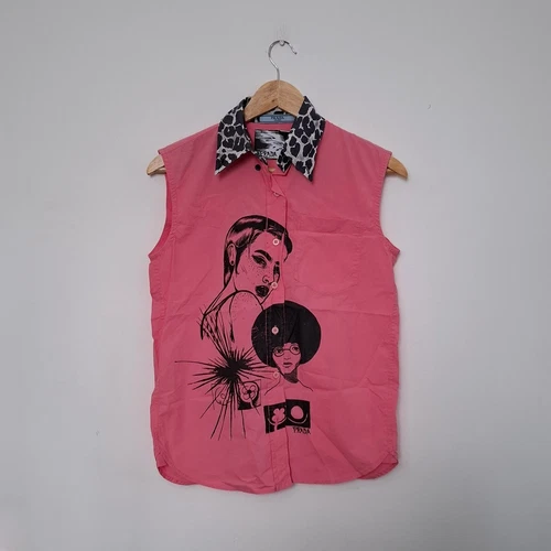 Chemise à col sans manches imprimé bande dessinée rose PRADA Catwalk Runway taille 36 UK Small