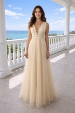 Azazie Prom Gown Maxi Dress Sz 2 BeigePrincess Mesh Full Fairy Whimsical  V Neck