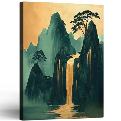 Framed Mountains Waterfall Oriental Landscape Green Gold Picture Wall Art Dec...