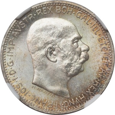 1914 オーストリア 1コロナ銀貨 NGC MS61 1914, Austria, Franz Josef I. Beautiful Silver 1 Corona Coin. NGC