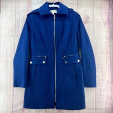 MICHAEL KORS Womens Blue Hooded Wool Blend Full Zip Trench Coat Size 2
