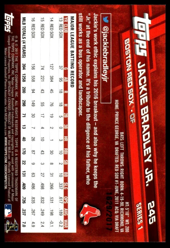 2017 Topps #245 Jackie Bradley Jr. Gold #/2017 - Image 2 of 2