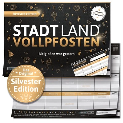 DENKRIESEN Stadt Land Vollpfosten® A5 Spielblock | Silvester Edition