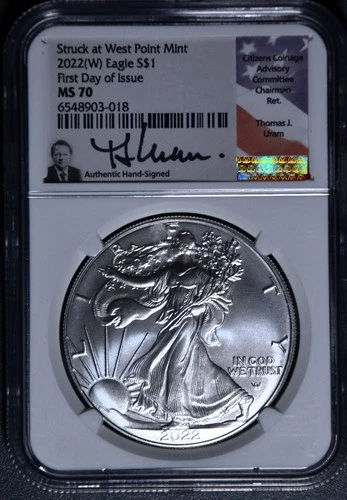 2022(W) $1 AMERICAN SILVER EAGLE UNC FDOI Uram Sign 1 oz .999 NGC MS70 A6595