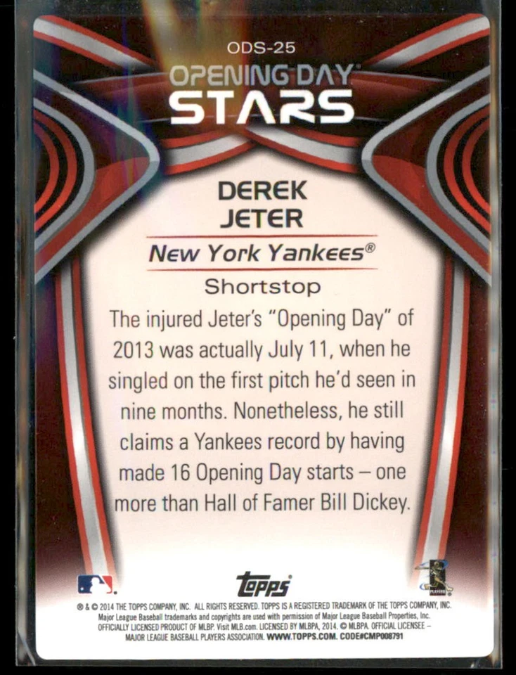 2014 Topps Opening Day #ODS-25 Derek Jeter Opening Day Stars - Image 2 of 2