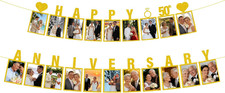 50Th Anniversary Decorations Wedding Banner - 2 Pcs Glitter Gold Pre-Strung Phot