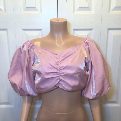 Day+Moon Womens Shimmer Pink Taffeta Puffed Sleeve Smocked Cropped Top Size Lg
