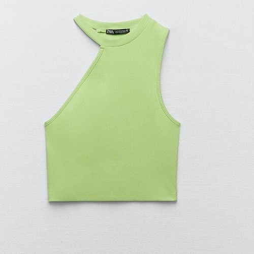 NWT WOMEN ZARA ASYMMETRIC GREEN RIBBED CROP TOP BLOGGERS FAV MEDIUM CUT OUT  | eBay