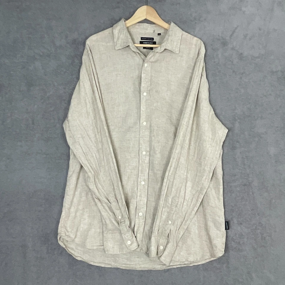 Kenneth Cole Shirt Men's XL Beige Linen Blend Summer Button-Up Classic Active - Image 4 of 4