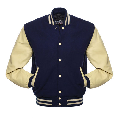 Stewart & Strauss Navy Blue Wool & Natural Cream Leather Varsity