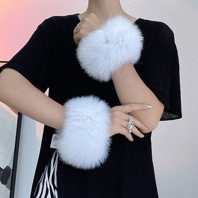 Women's Natural Real Fox Fur Cuffs Winter Coat Wrist Warm Straight Sleeve Gloves
