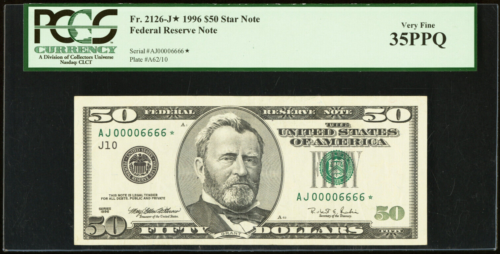 00006666* FANCY SERIAL NUMBER * STAR * QUAD PCGS EPQ $50 series 1996 - Picture 2 of 3