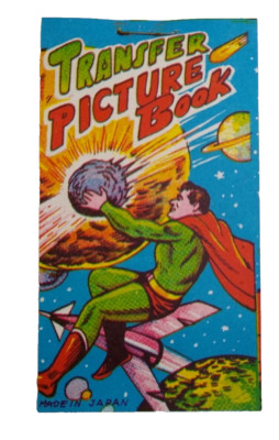 1950s Transfer Picture Book Superhero Caped Man Riding Rocket Catches Asteroid