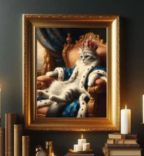 King Grey Tabby Cat Royal Renaissance Vintage Classy Academia Painting print art