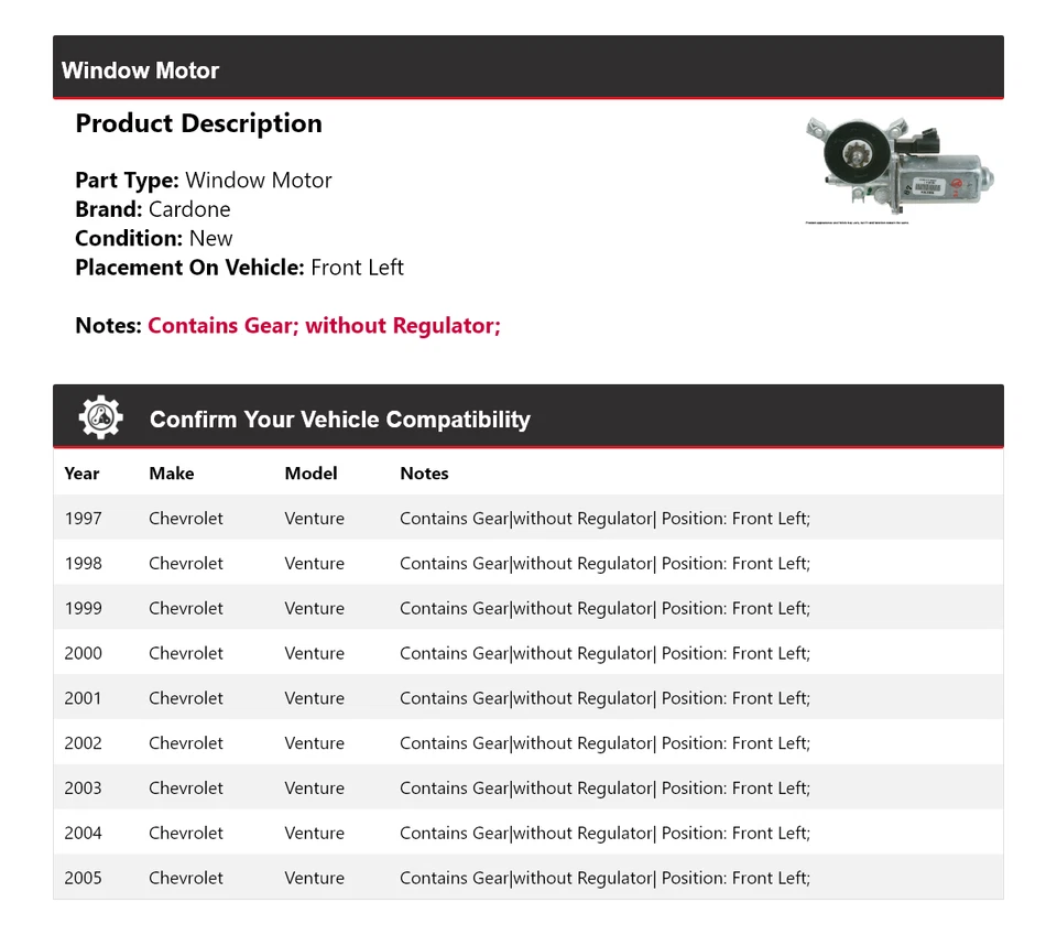 Motor ventana delantero izquierdo cardone 1998 1999 2000 Chevrolet Venture 1997-2005 Foto 2 de 4