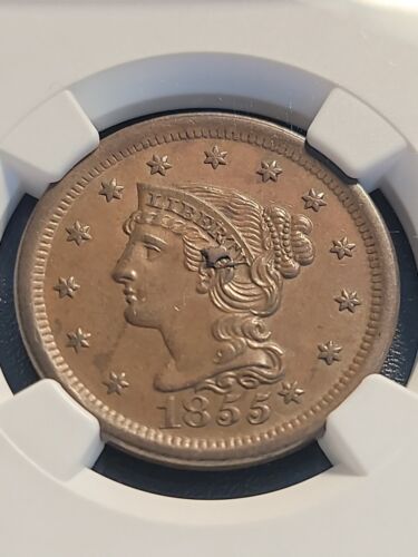 1855 Knob on Ear Slanted 5's Braided Hair Large Cent N-9 NGC MS-62BN Very Rare - Picture 2 of 3
