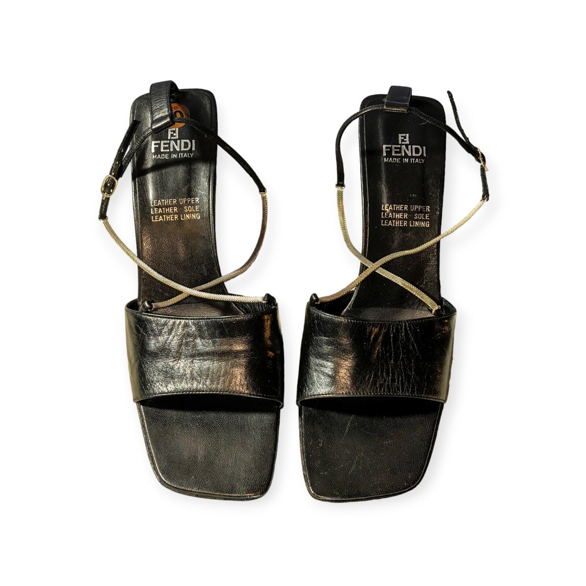 Fendi Vintage Black Leather Open Toe Mirror Kitten Heels Slingback Metal  Straps