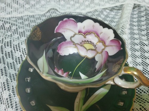 Vintage Wales Black Pink Orchid Pearlized Footed Teacup & Saucer Japan - Picture 2 of 8