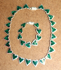 Taxco Sterling Silver Inlaid Malachite Heart Link Necklace & Bracelet Set[045WEI
