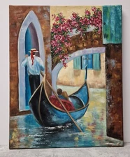 Landscape Venice Oil Painting – Gondola with Couple – Romantic Italy Art