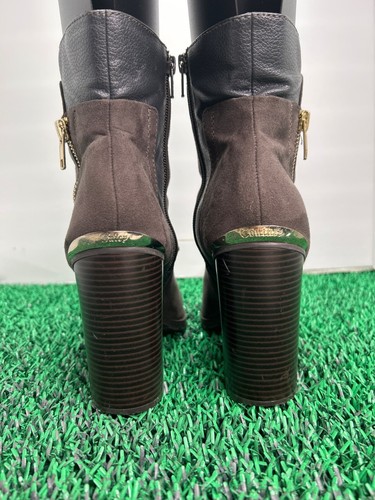 Juicy Couture Suede Ankle Boots Block Heel Gold Zipper Accents Booties size 8.5 - Picture 4 of 7