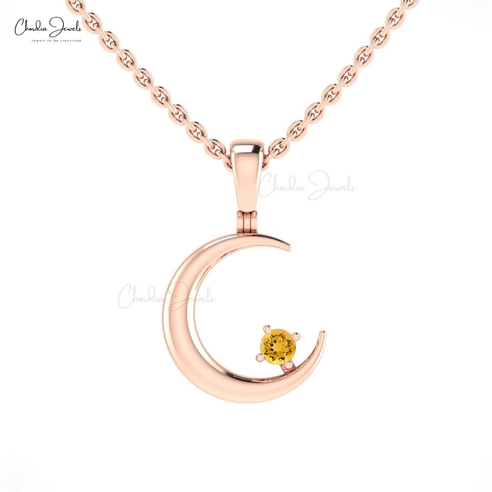 Collar Colgante Luna Media Luna Citrino Corte Redondo 2mm en Oro Sólido 14K para Mujer Foto 2 de 4