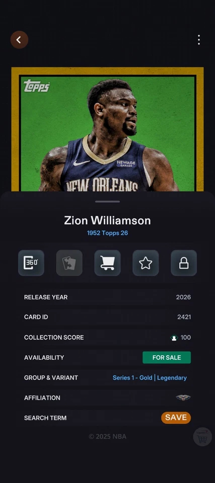 NBA Collect 1952 年 Topps 26 金锡安独家赠品 — 第 2/2 张图片