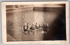 Vtg B W Snapshot Group Of Women in Swimsuits Swim Caps Swimming Pool 1920s