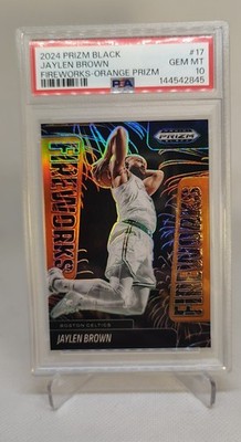 JAYLEN BROWN 2024 PANINI PRIZM BLACK FIREWORKS ORANGE PRIZM #17 39/49 PSA 10