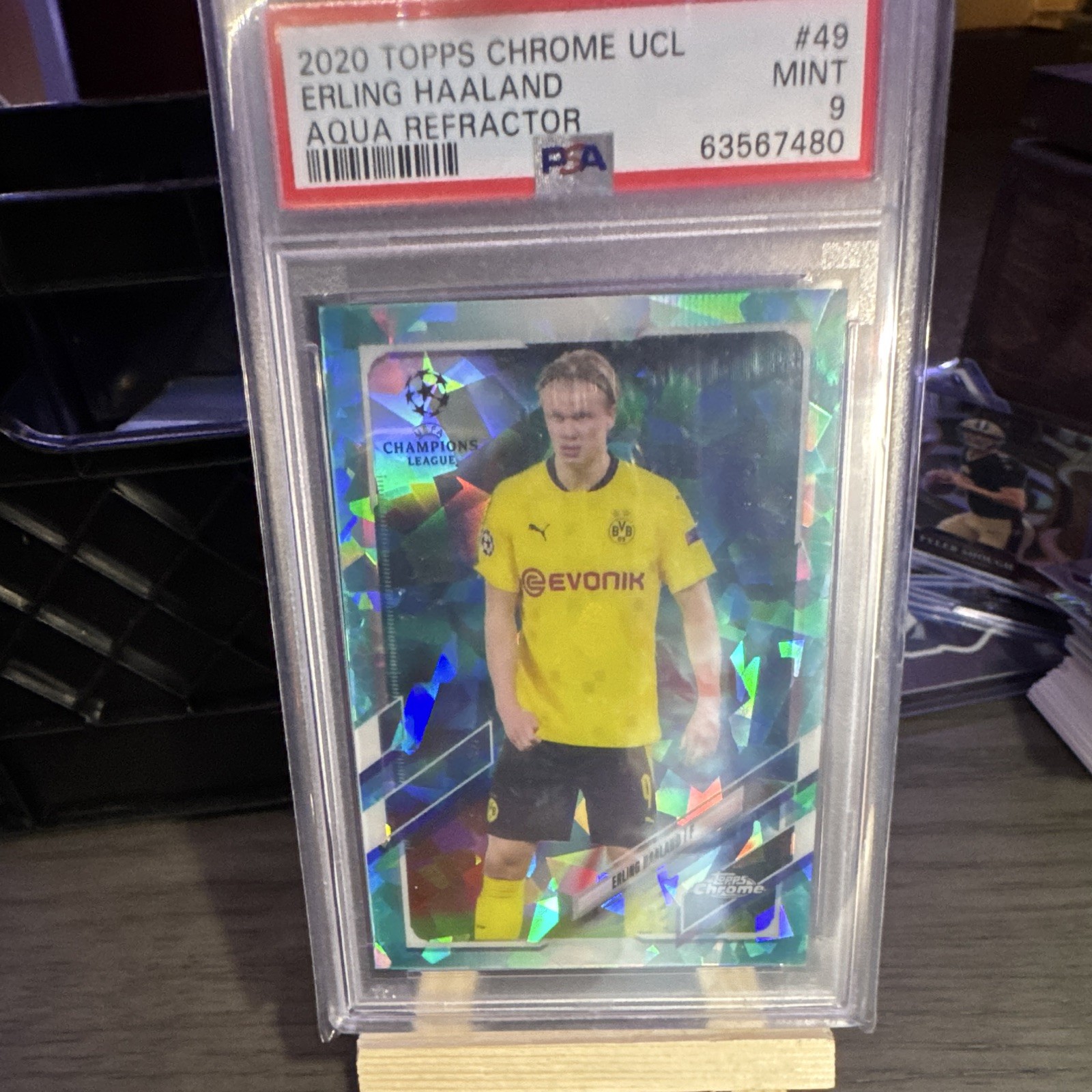 Topps 2020 Chrome UCL Erling Haaland #49 Aqua Refractor /150 PSA 9 view 3