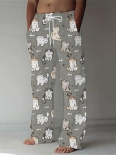 Men's Casual Loose Straight Pants - Full Cat Print Design, Machine Washed