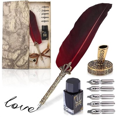 Red Feather Quill Pen and Ink Set - 11.4'' Antique Feather Pen and Ink Set with S