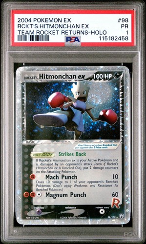 POKEMON 2004 ROCKETS HITMONCHAN EX HOLO 98/109 TEAM ROCKET RETURNS PSA 1 REMOLINO - Imagen 3 de 5